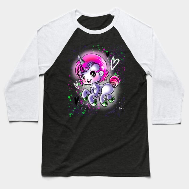 Unico The Baby Unicorn Kawaii Anime Baseball T-Shirt by Magenta Arts